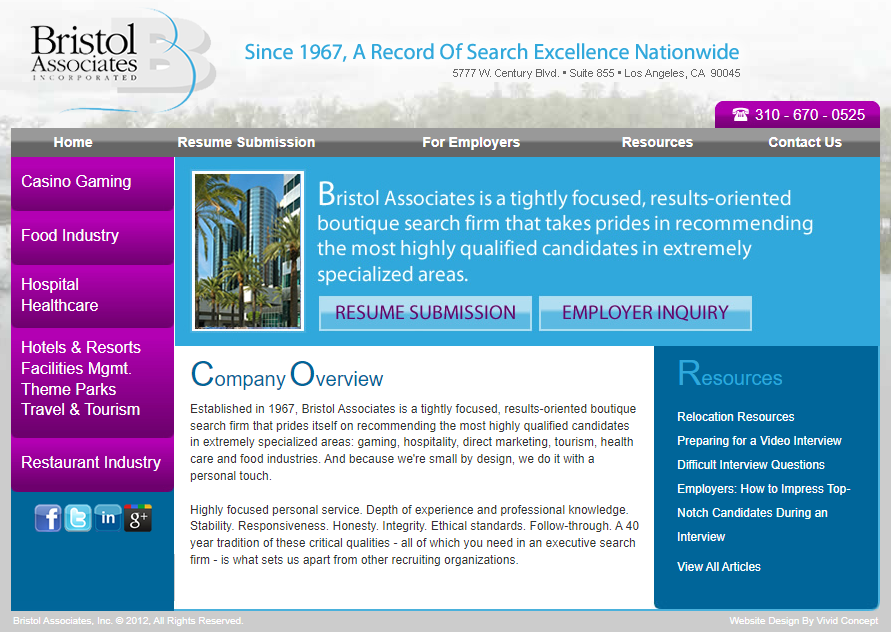 Bristol Associates home page in 2012